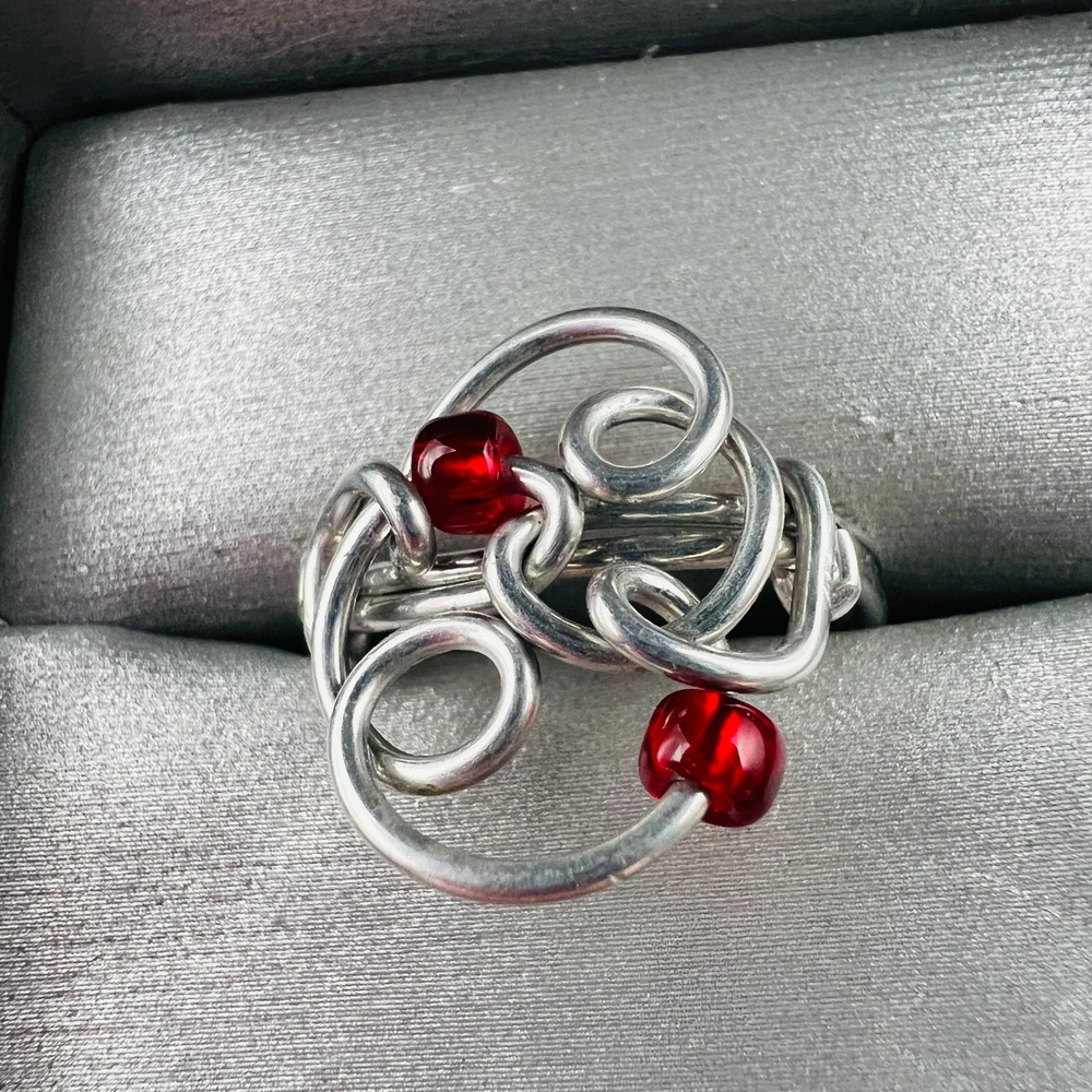 Handmade Silver Tone Ring Wire Wrap Red Beads Abstract Artisan Size 9